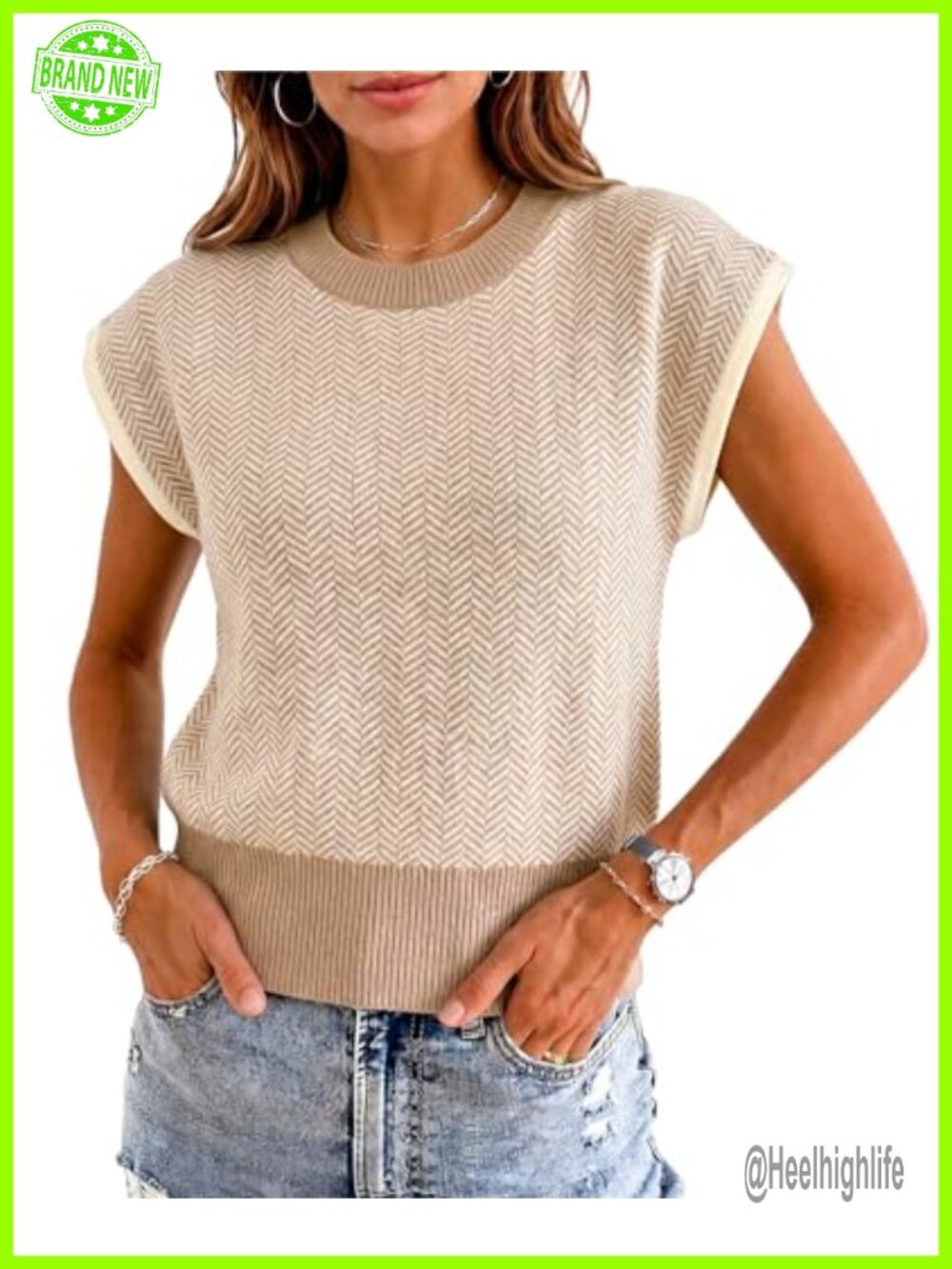 Cap Sleeve Color Block Knit Crop Sweater Vest Crew Neck Pullover